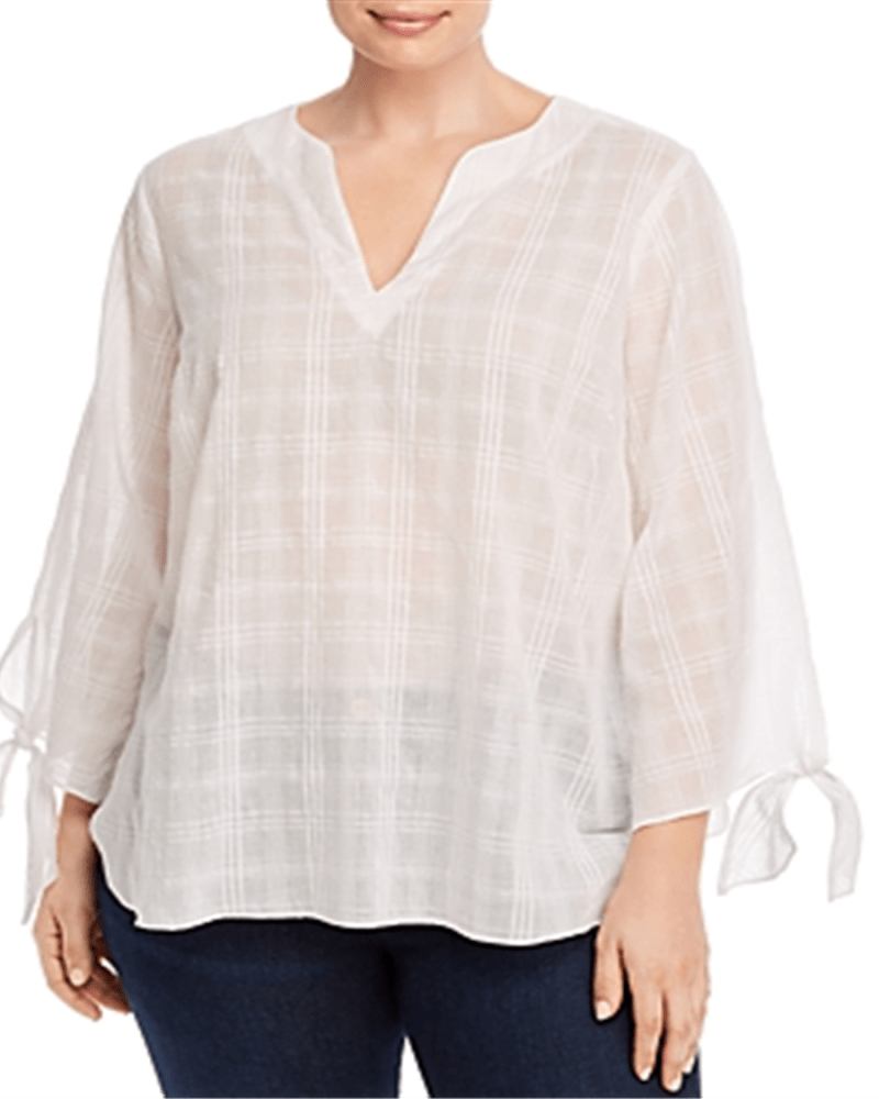 Front of a model wearing a size 1X Michael Kors Women's Plus Cotton Tie Sleeve Shirt White Size 1X in White by Michael Kors. | dia_product_style_image_id:313813